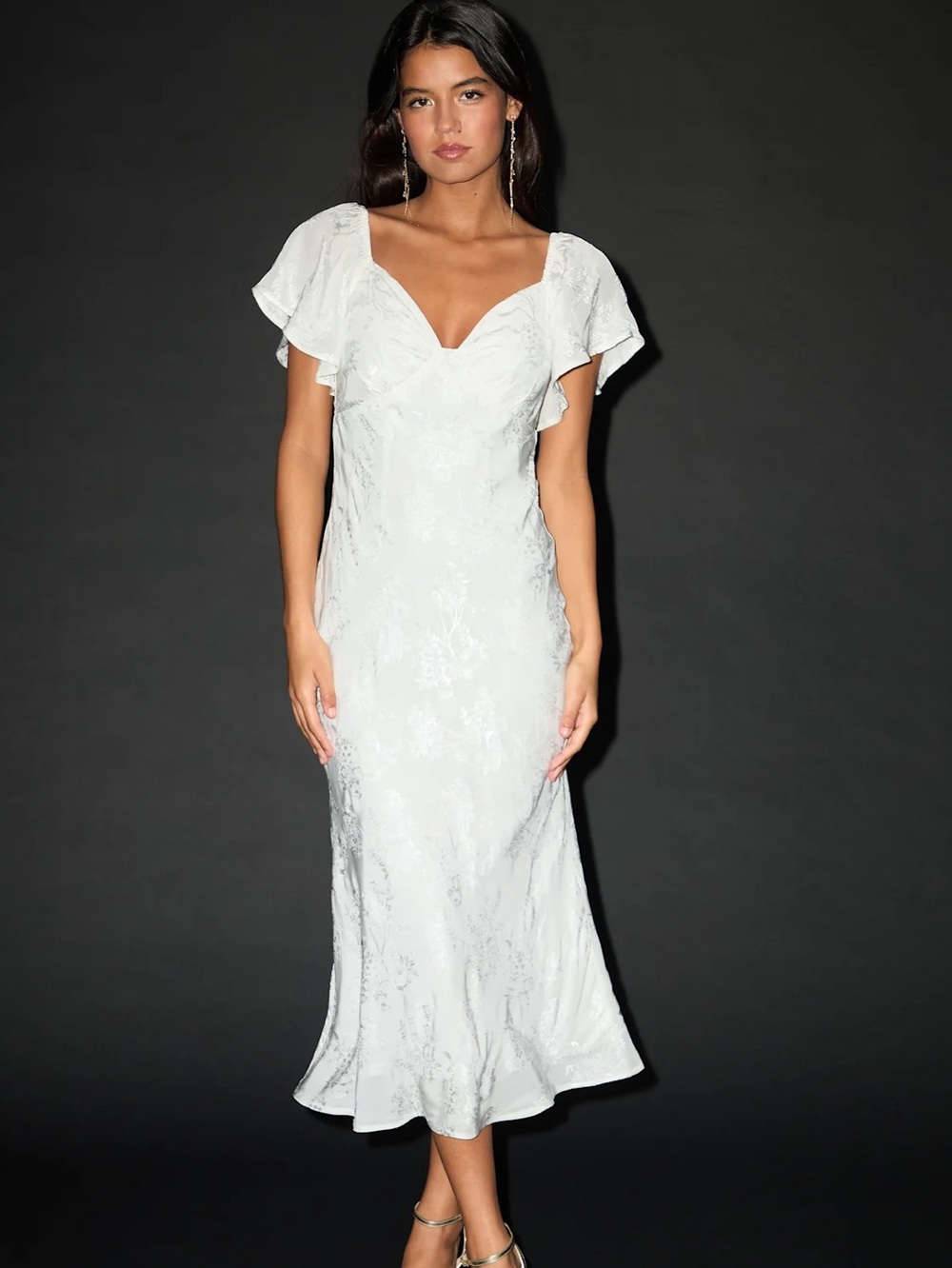 Lulus White Satin Flutter Sleeve Midi Dress